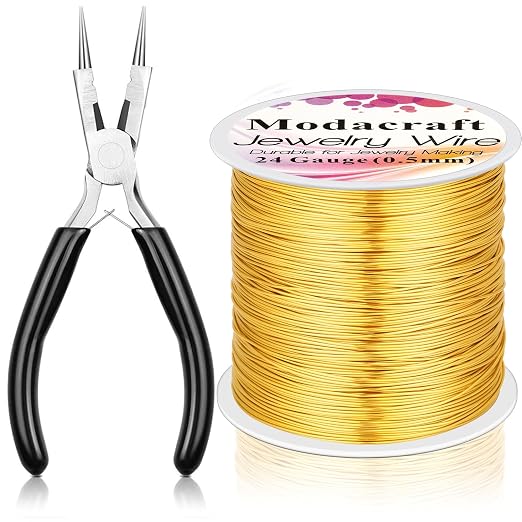 ModaCraft 24 Gauge Sweet Spot Jewelry Wire Gold + 4-in-1 Comfort Grip Pliers | by Modacraft