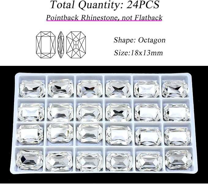24Pcs Point Back Glass Rhinestones, 18 * 13MM Octagon Shape Faceted Rhinestones - Image 2