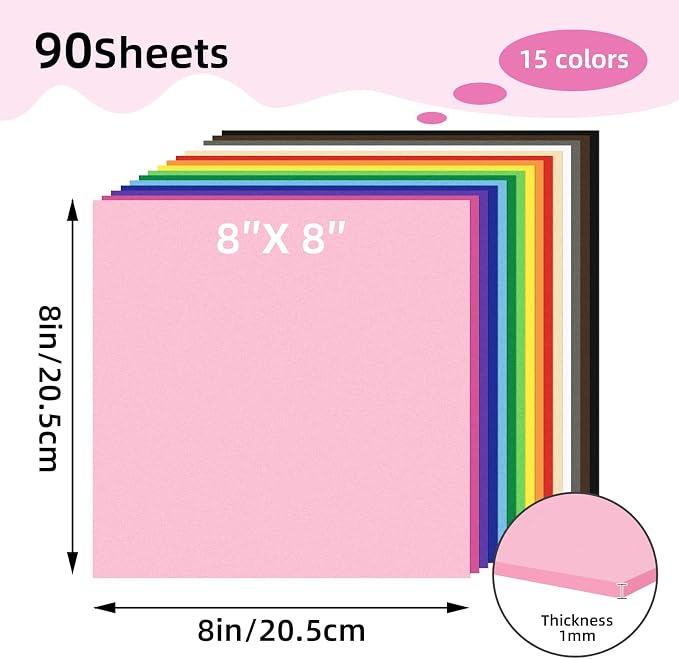 Foam Sheets 90 Pack, 8 x 8 Inch, 15 Assorted Colors, 1mm Thick EVA Foam Paper - Image 2