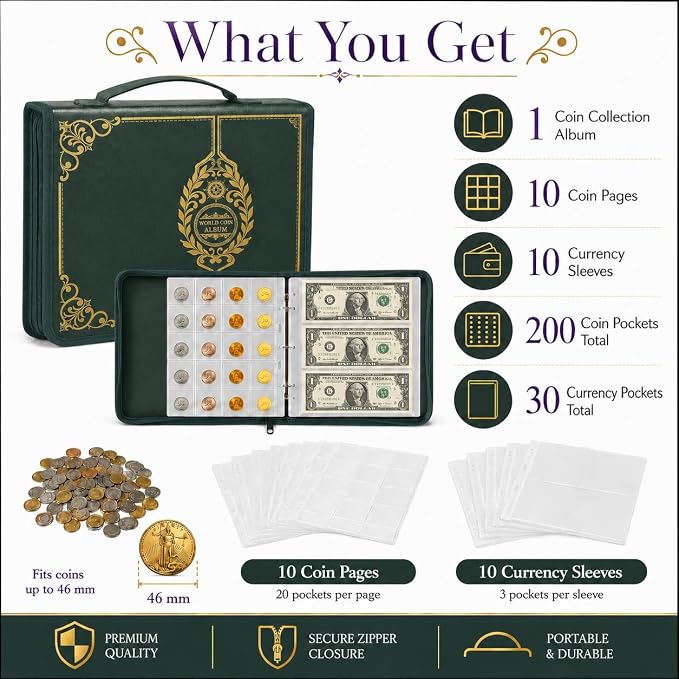 Coin Collection Book Holder for Collectors, 200 Pockets Collecting Album& 30 - Image 6