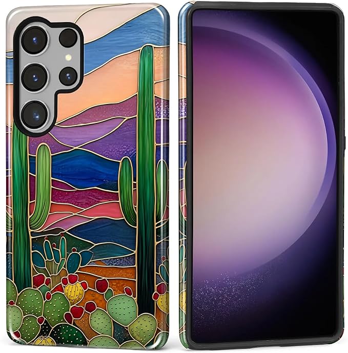 for Samsung Galaxy S25 Ultra Case, Stained Glass Cactus Pattern Glossy 2 in 1 by Teonvpu