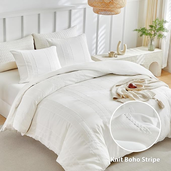 WARMDERN White Striped Weave Duvet Cover Queen, Boho Striped Pattern Printed - Image 2