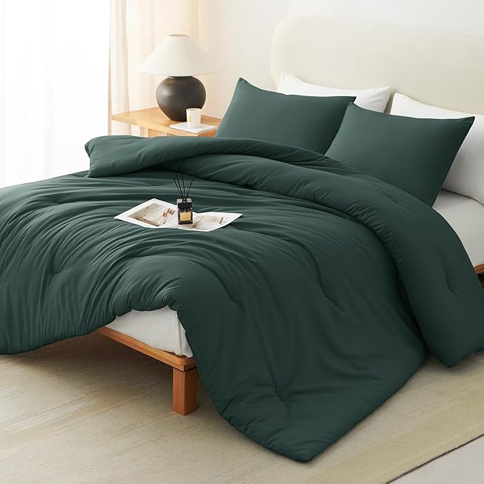 CozyLux Full Size Comforter Set Forest Green, 3 Pieces Solid Breathable Quilted by CozyLux