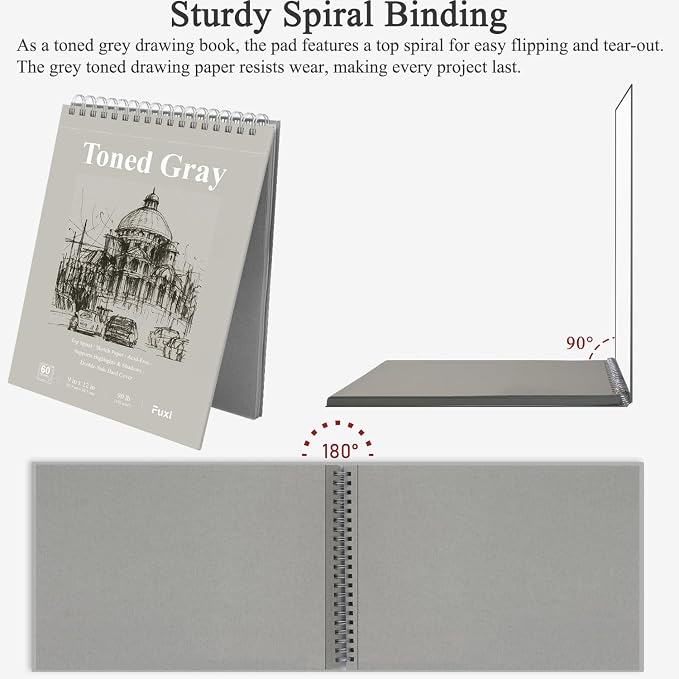 Fuxi Toned Grey Sketch Pad, 9x12 Spiral Sketchbook, 60 Sheets Art Paper - Image 4