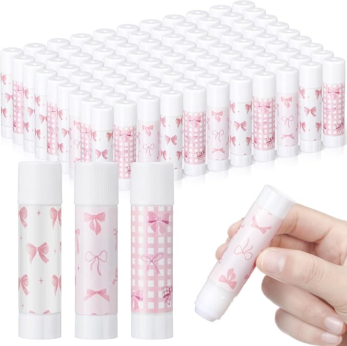 Sabary 100 Pcs Pink Bow White Glue Stick Bulk Washable Glue Sticks 0.32 oz by Sabary