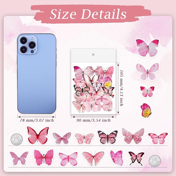 Imeepa 40Pcs Pink Butterfly Stickers Transparent Scrapbooking Stickers | PET - Image 2