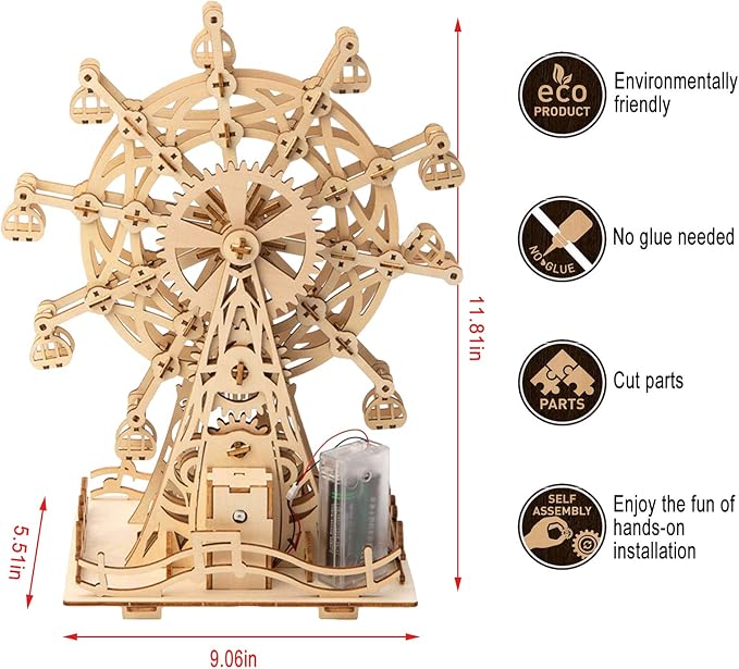 Solar 3D Wooden Puzzles for Adults Birthday Gifts Wood Ferris Wheel DIY Model - Image 2