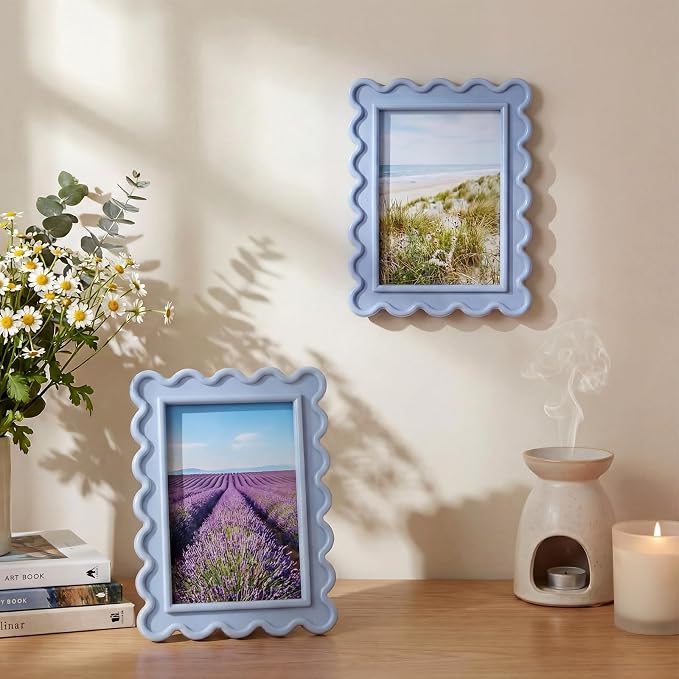AceOrbit 4x6 Inches Haze Blue Flower Wavy Picture Frame Cute Wavy Edge Wooden - Image 7