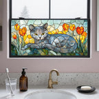 IVN Stained Glass Window Film 39.3x17.7 inch Cat and Tulips Window Privacy Film by IVN