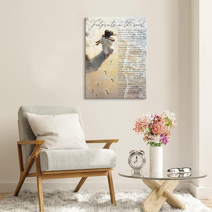 CYPQPCUH Jesus Footprints in the Sand Wall Art Canvas Print Jesus Holding Woman - Image 5