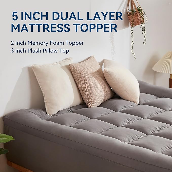 BDEUS Dual Layer 5 Inch Memory Foam Mattress Topper King Size, 2 Inch Gel - Image 2