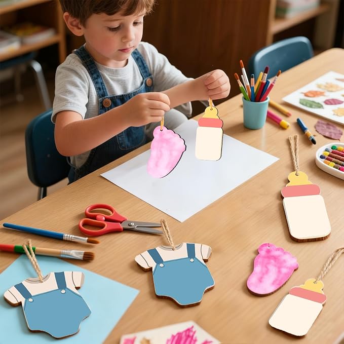 Baby Shower 30Pcs Unfinished Wooden Gift Ornaments DIY Craft Present Paintable - Image 4