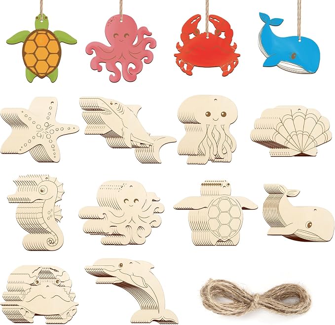 80PCS Wooden Sea Ornaments to Paint, 10 Styles DIY Blank Unfinished Wood Ocean by Sophena