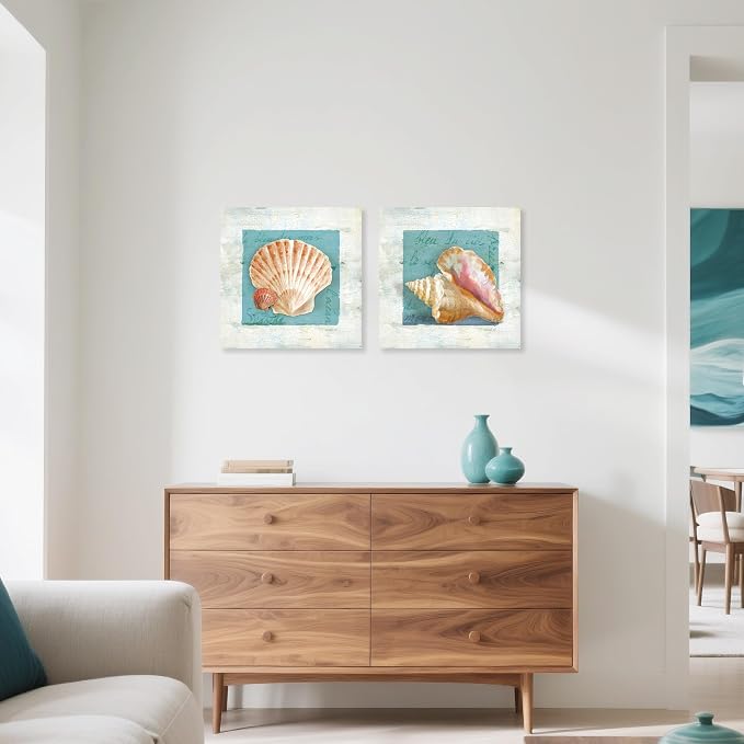 Seashell Wall Art Teal Ocean Theme Canvas Prints Bathroom Wall Decor Nautical - Image 4