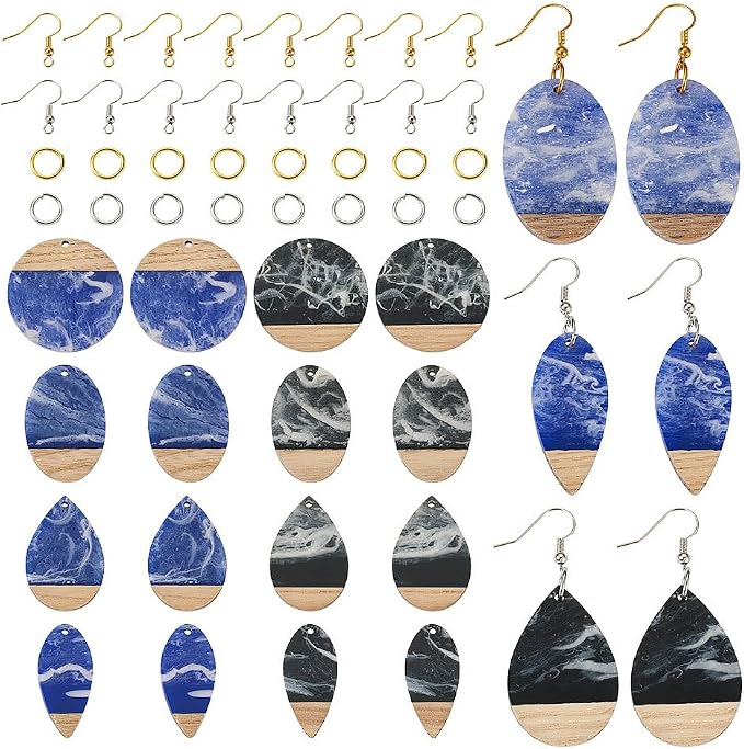 FASHEWELRY 16Pcs Teardrop Round Resin Wood Earring Charms Black Blue Wooden by FASHEWELRY