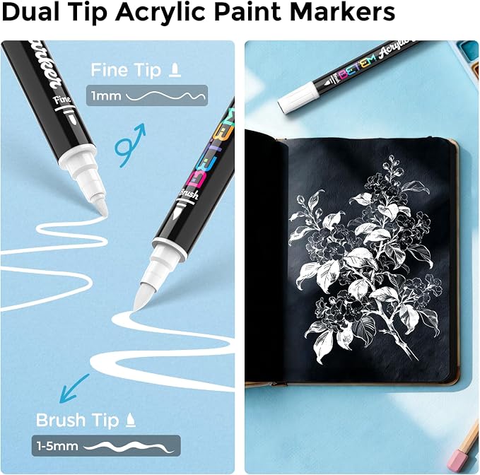 Betem Dual Tip Acrylic Paint Pens, 2 White Paint Markers - Image 2