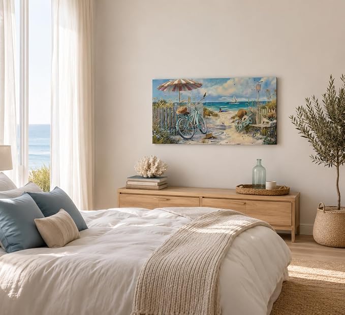 LRTNMTJ Coastal Bicycle Canvas Wall Art Beach Scene Oil Painting Print Summer - Image 8