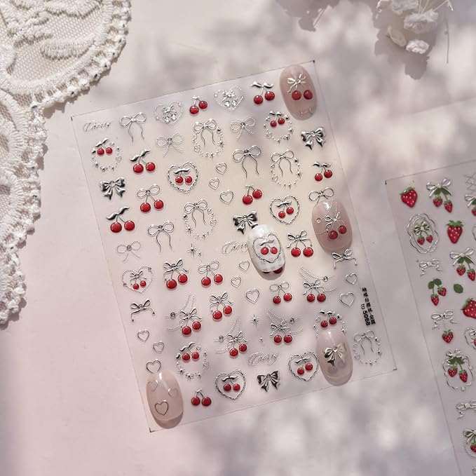 Cherry Nail Art Stickers Summer Cherry Nail Stickers 5D Embossed Gold Cherries - Image 5