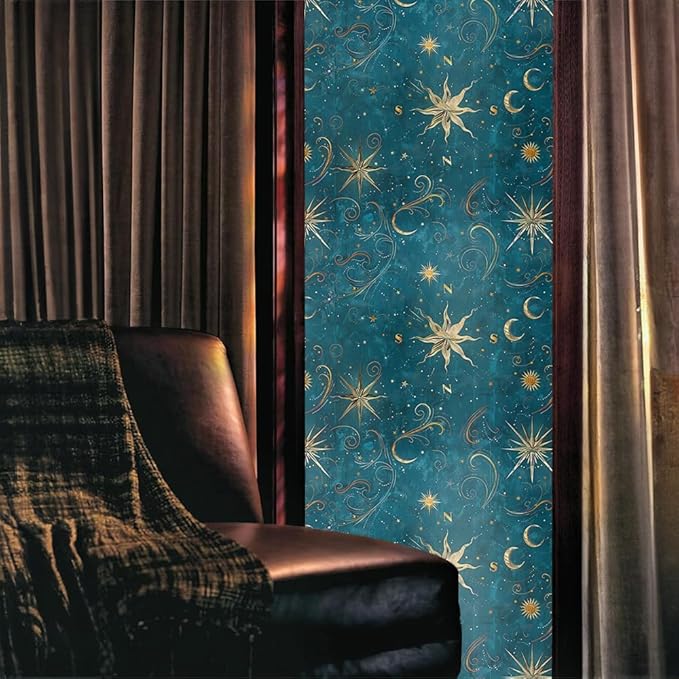 Teal Blue Navy Yellow Star Ethnic Stained Glass Window Films Decorative - Image 2