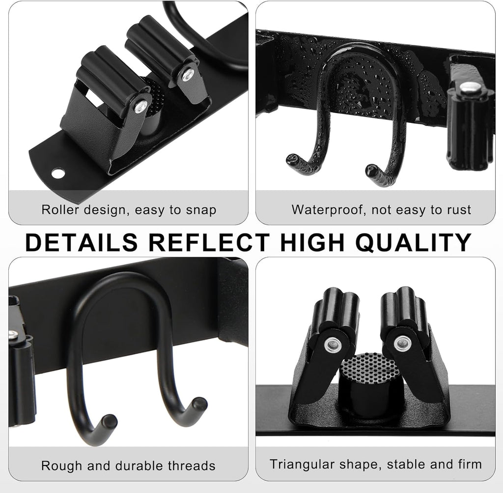 Mop Broom Holder Wall Mount, Black Stainless Steel Tool Storage Organizer for Kitchen Garden Garage Laundry Room Bathroom and RV with 4 Slots 6 Hooks