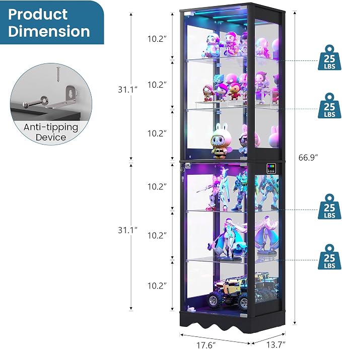 Dystler Display Cabinet with Glass Doors, 6 Tier RGB Lights Curio Cabinet | - Image 2