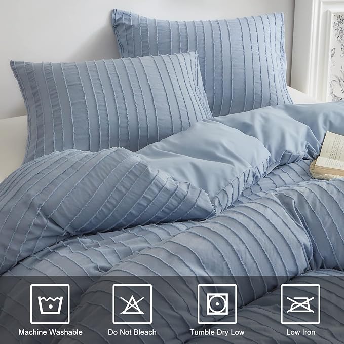 WARMDERN Blue Striped Duvet Cover Set, Boho Textured Tufted Bedding, 2 Piece - Image 7