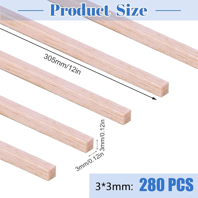 280Pcs Balsa Wood Sticks 1/8 x 1/8 x 12 inch Wood Strip Square Wooden Dowel | - Image 2