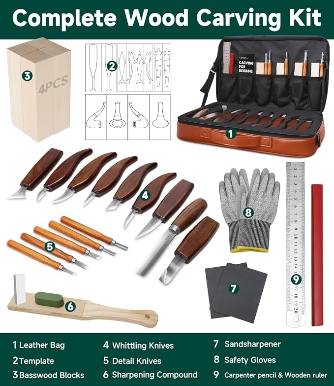 Wood Carving Kit, Deluxe Whittling Kit, 9 Wood Carving Knives 5 Chisels 4 Blocks - Image 4
