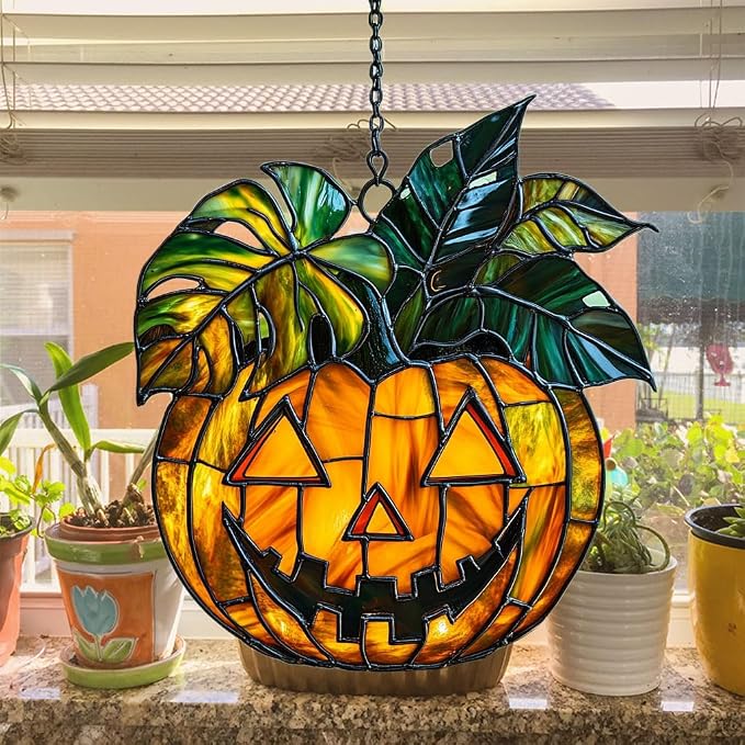 Monstera Jack-o'-Lantern Acrylic Suncatcher Stained Glass Effect Window Car - Image 4