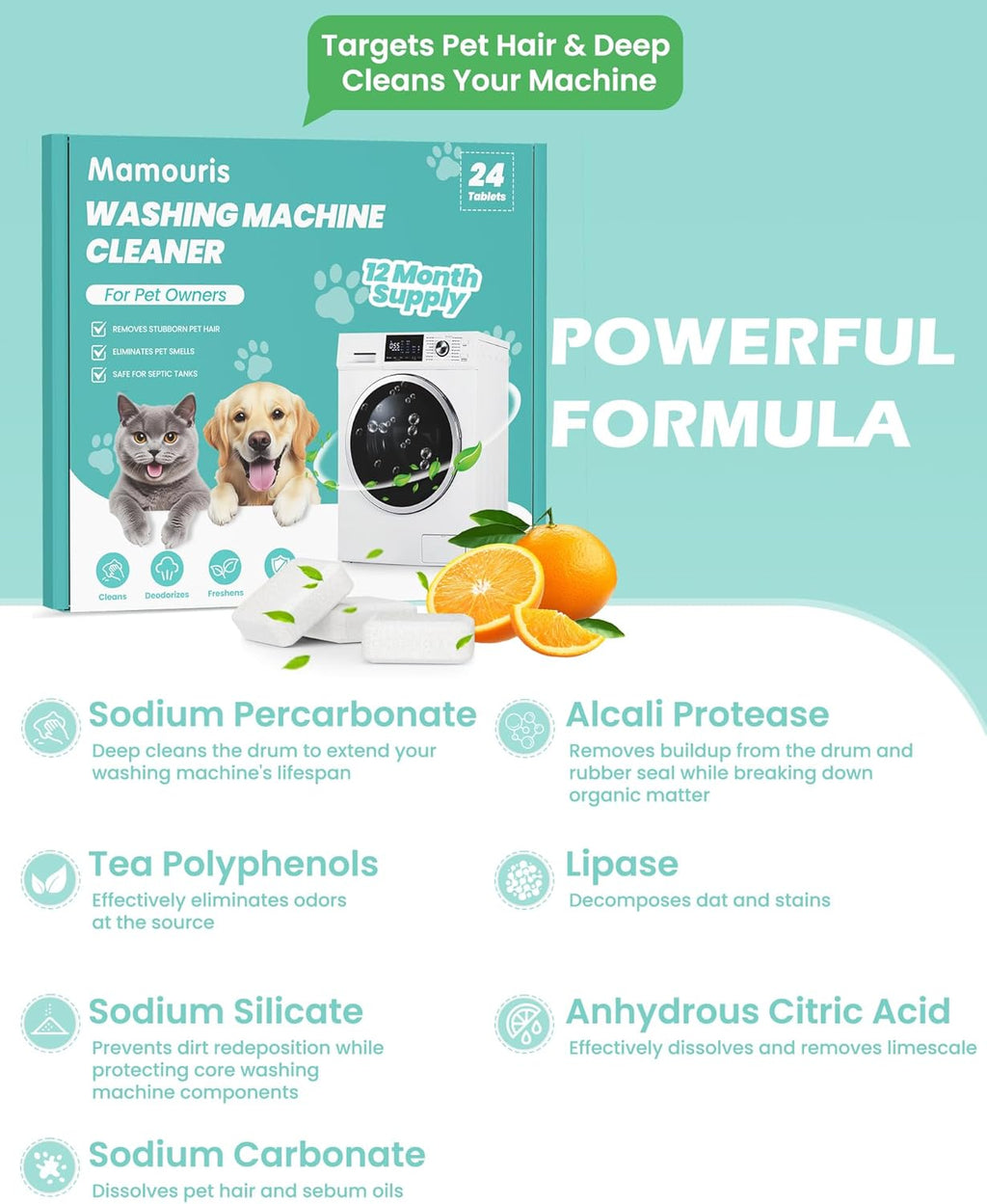 Washing Machine Cleaner Tablets: 24 Pack Deep Cleaning For HE, Front Loader & Top Load Washer, Removes Pet Hair, Odors, Designed for Pet Owners, Septic Safe, 12 Month Supply, Orange 11G