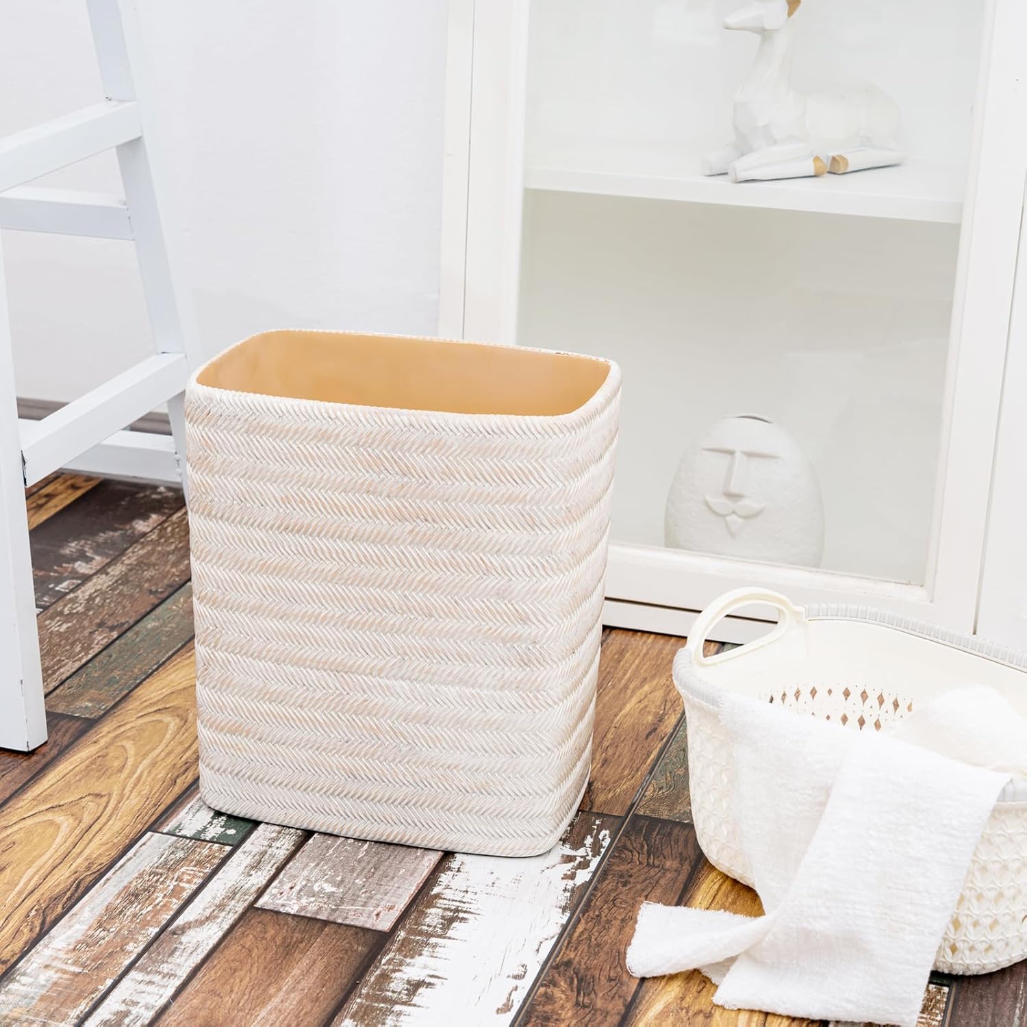 Polytree Bathroom Trash Can 1.8 Gallon Small Kitchen Garbage Can,Decor Wastebasket for Bedroom Office,Resin Hand-Carved Bamboo Wicker,Farmhouse White