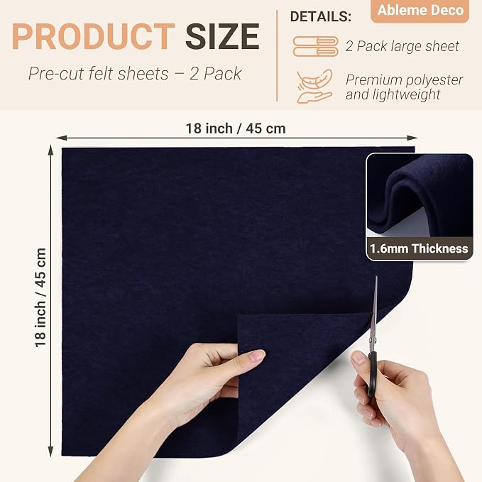Navy Blue Felt Fabric Sheets 18" x 18" 1.6mm Soft Craft Felt | Soft Precut Felt - Image 2