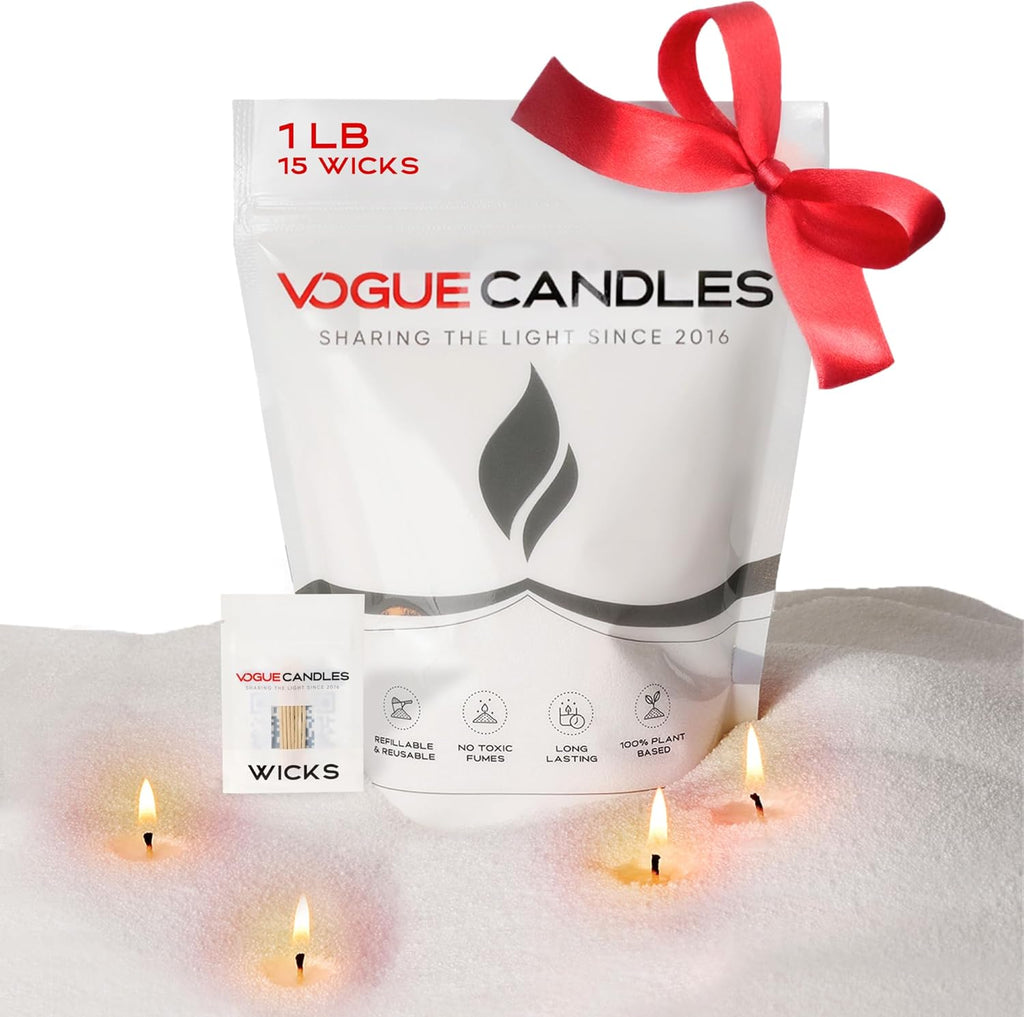 Vogue Candles Granulated Wax Refill - 1lb Plant-Based Granules Pack With 10 Clean Burning Wicks - Long-Lasting Luxury Sand Wax for DIY Candle Making