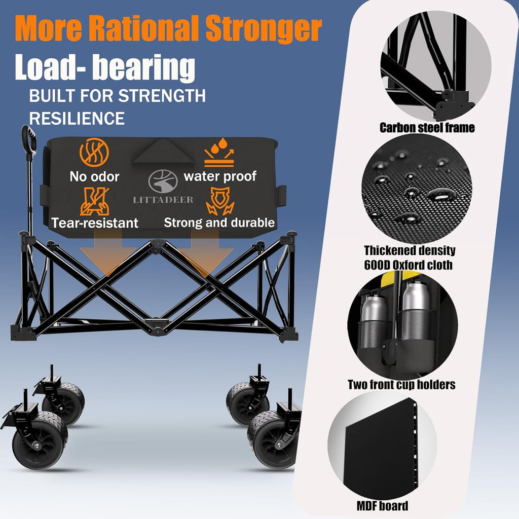 Collapsible Wagon Cart with Silent All-Terrain Wheels, Foldable Heavy Duty Beach Wagon with 330LB,Folding Cart with Cup Holders and Brakes for Camping, Garden,Shopping,Sports Black