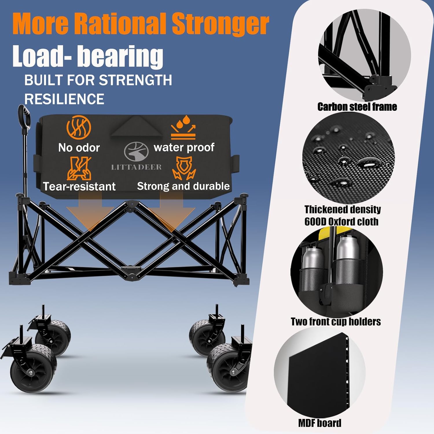 Collapsible Wagon Cart with Silent All-Terrain Wheels, Foldable Heavy Duty Beach Wagon with 330LB,Folding Cart with Cup Holders and Brakes for Camping, Garden,Shopping,Sports Black