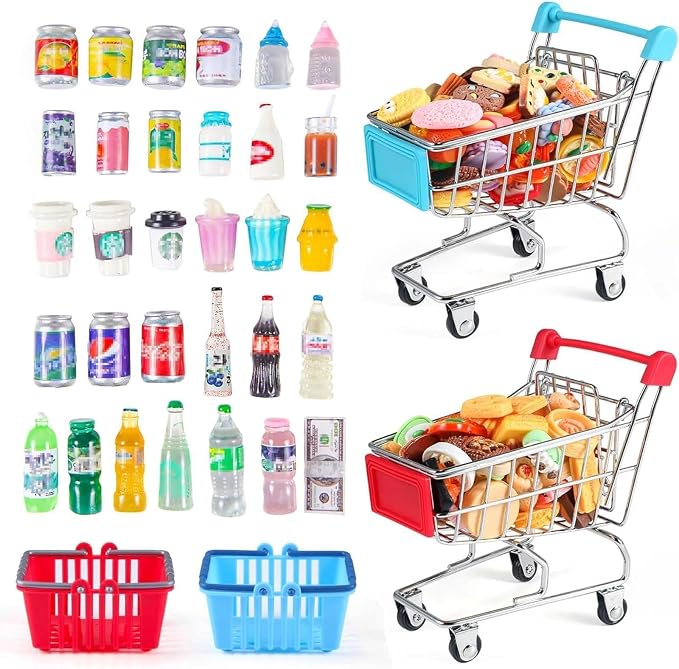 134pcs Mini Shopping Cart Basket Miniature Food Drink Bottle Supermarket Metal by HSJH