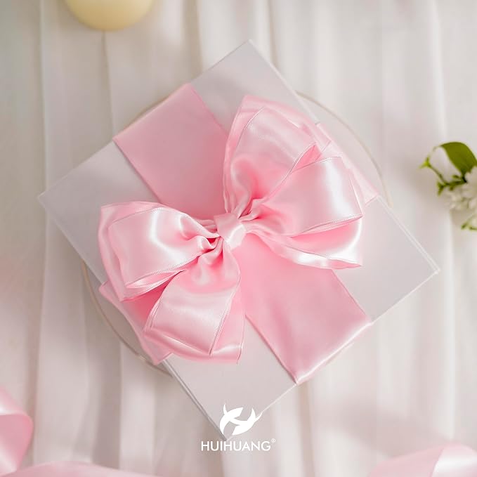 HUIHUANG Pink Satin Wired Ribbon 2.5 inch Light Pink Double Sided Satin Wire - Image 3