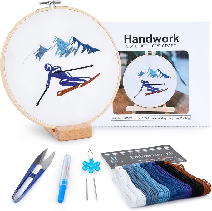Embroidery Kit for Adult Beginners, Skiers Snow Mountain Embroidery Kit by BERYA