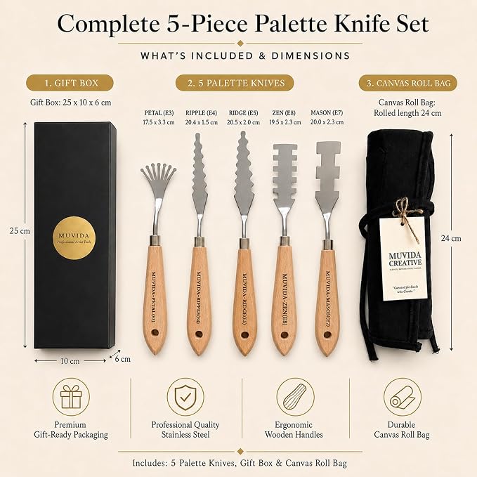 Palette Knife Set with Canvas Roll Bag & Gift Box, Painting Knives | Gift-ready - Image 2