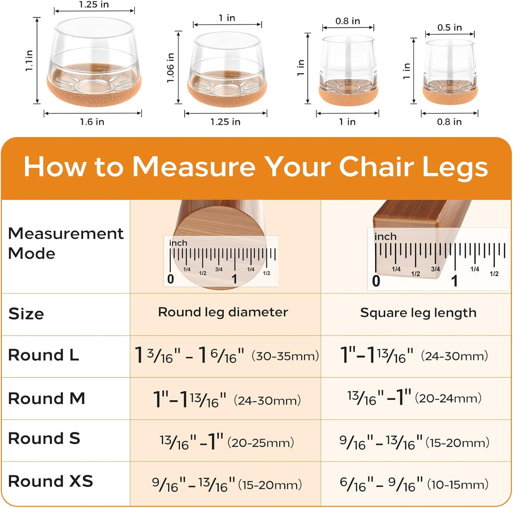 24 PCS Silicone & Felt Chair Leg Floor Protectors for Hardwood Floors - Furniture Pads, Chair Leg Covers/Cups - No Noise & Scratch-Proof - Round L (Fits 1 3/16"-1 6/16" / 30-35mm), Clear
