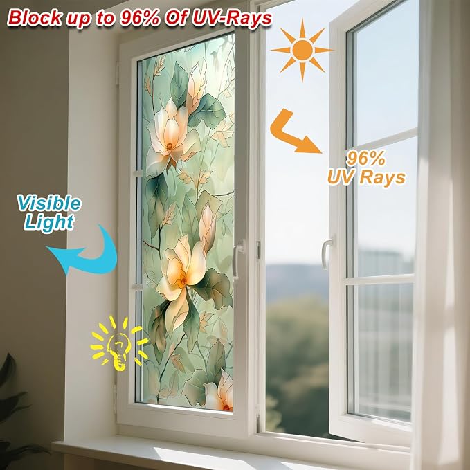 IVN Privacy Window Creamy Magnolia Branch Decorative Window Cling Stained Glass - Image 4