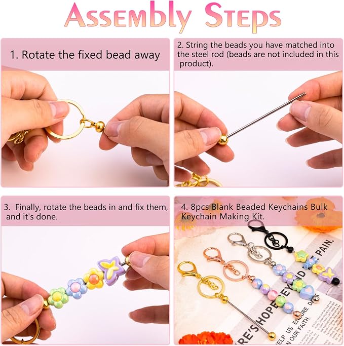 beadable keychains Bulk 8pcs Blank Keychain Making Kit Keychains Accessories - Image 4