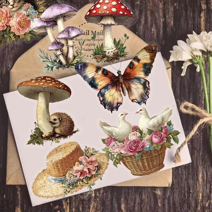 YOKSAS 50PCS Vintage Nature Mushroom Clear Scrapbook Stickers – Retro Botanical - Image 4