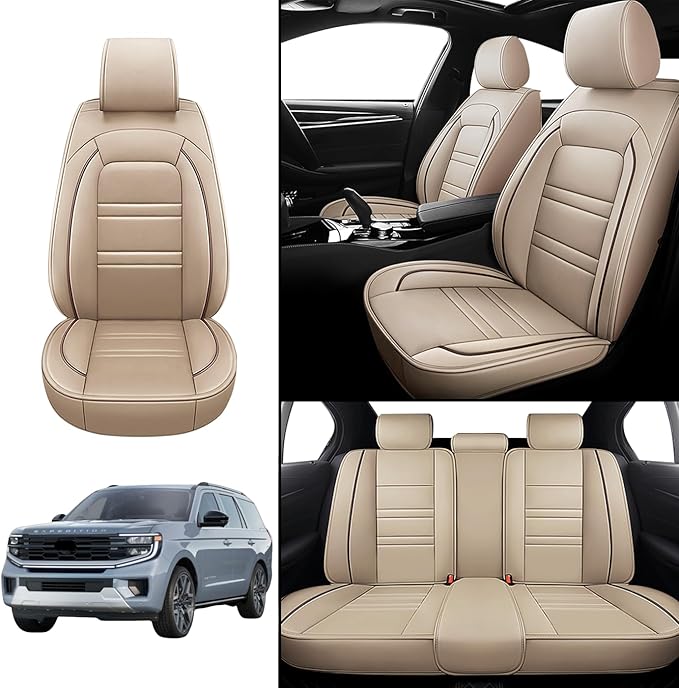 Car Seat Cover for Ford Expedition 1997-2025 | 5-Seats Leather Seat Covers, Easy to Install Automotive Seat Covers Full Set (Full Set, Beige)