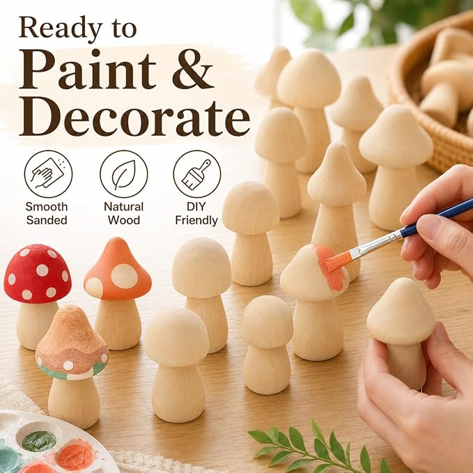 60Pcs Wooden Mushrooms, 6 Sizes of Natural Unfinished Wooden Mushroom, Wood - Image 4