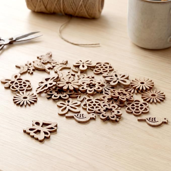 100 PCS Unfinished Wood Crafts Wood Slice Leaf Bird Flowers Butterfly Pattern - Image 6