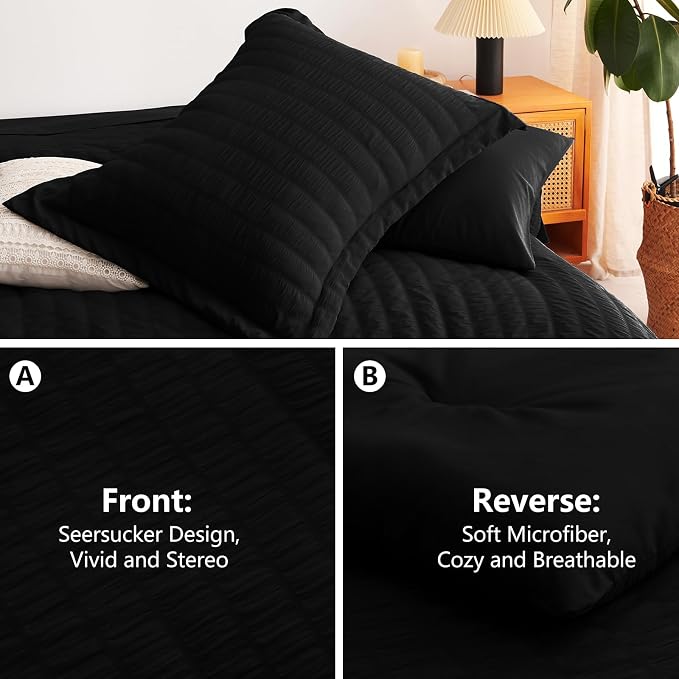 CozyLux Queen Comforter Set Black Seersucker 7 Pieces Bed in a Bag Queen - Image 4