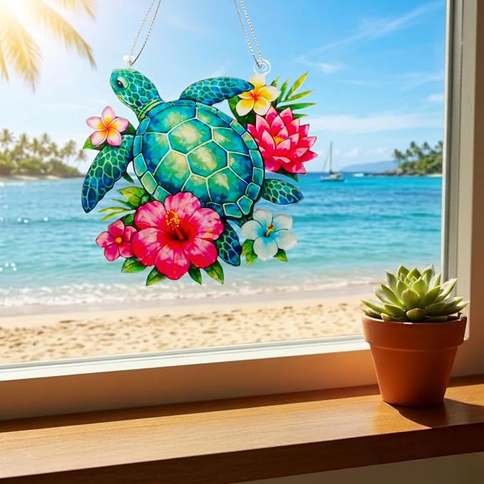 Sea Turtle Gifts for Women, Acrylic Faux Stained Glass Ornament, Floral Turtle - Image 6