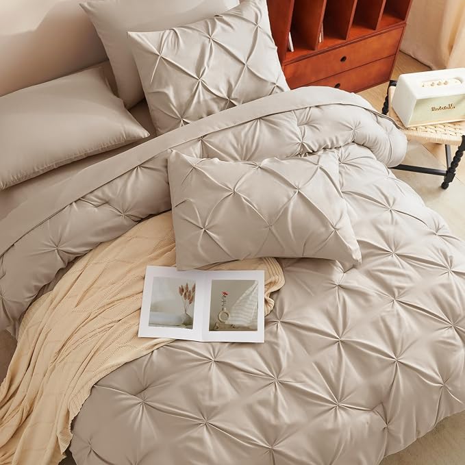 CozyLux King Size Comforter Set Wheat, 7 Pieces Pintuck Bed in A Bag Wheat - Image 7