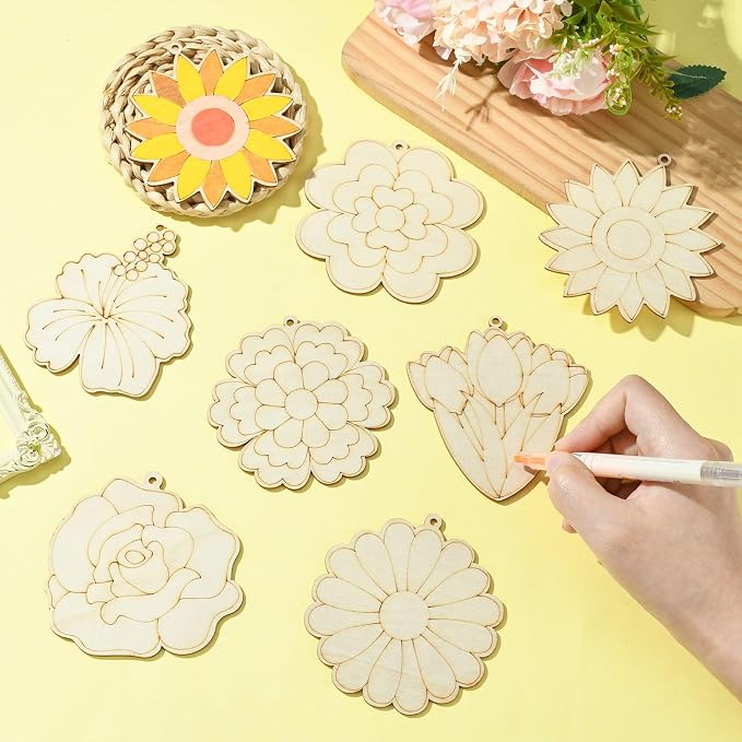 16 pcs Mixed Styles Cute Flower Theme Undyed Wood Cutout Charms Spring - Image 5
